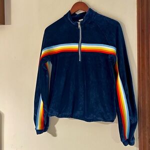 POL Navy Blue Textured Corduroy Mock Neck Zip Up Rainbow Detail Pullover
